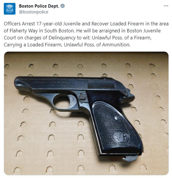 Boston Police Officers Arrest 17-year-old Juvenile and Recover Loaded Firearm in the area of Flaherty Way in South Boston.
