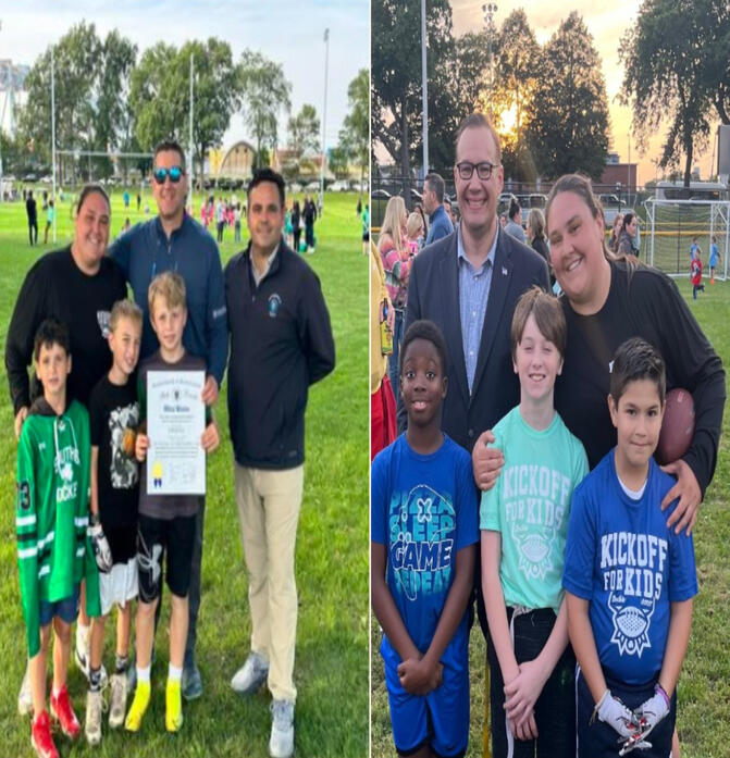 Two of Kickoff For Kids biggest fans / supporters! Senator Nick Collins & Representative David Biele enjoying a beautiful day at the K4K opener @ Evans Field.
