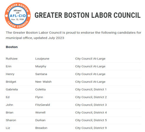 The Greater Boston Labor Council is proud to endorse the following candidates for municipal office, updated July 2023