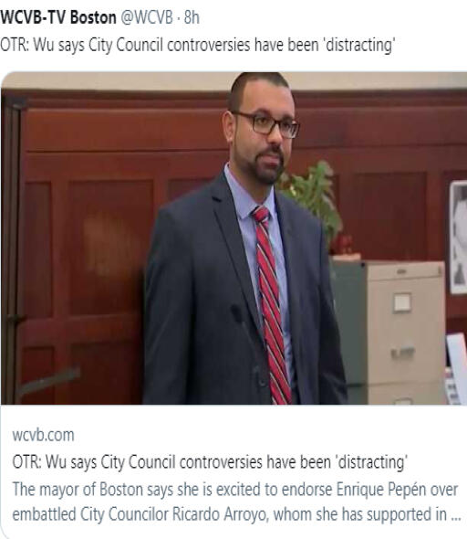 The mayor of Boston says she is excited to endorse Enrique Pepén over embattled City Councilor Ricardo Arroyo, whom she has supported in previous elections.