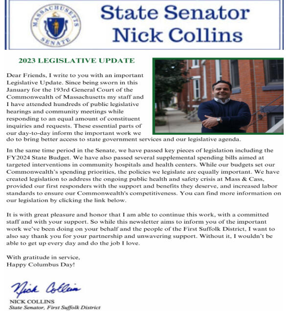 State Senator, First Suffolk District Nick Collins - 2023 Legislative Update