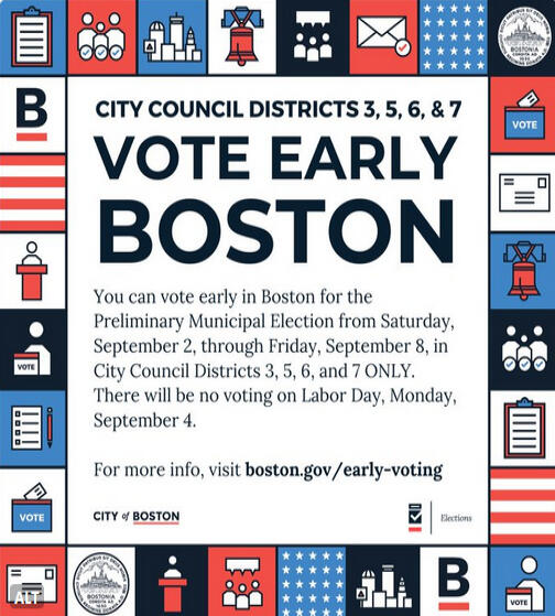 The Preliminary Municipal Election and early voting will ONLY take place in City Council Districts 3, 5, 6, and 7. Early voting will take place Saturday, Sept. 2, through Friday, Sept. 8.